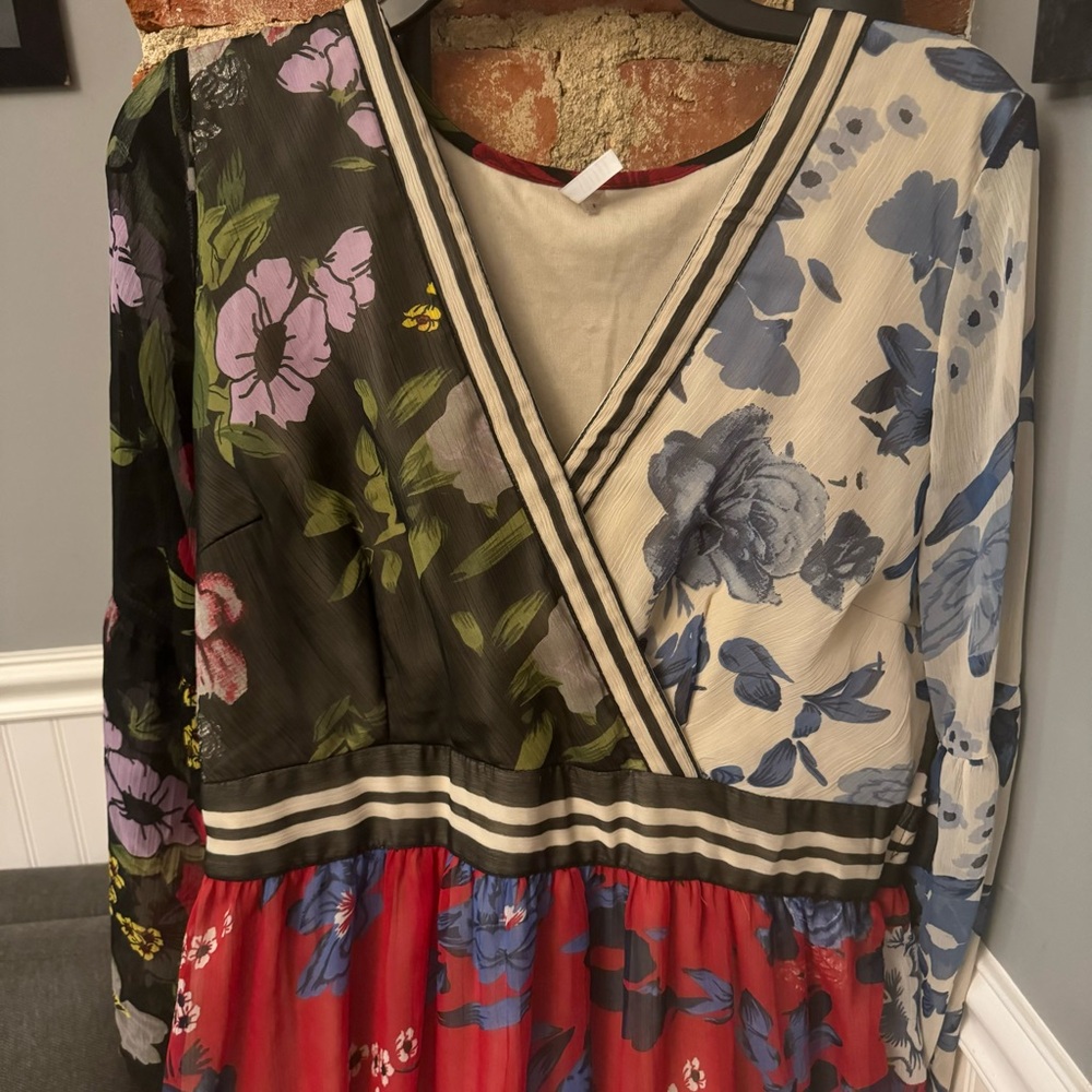 Kaktus Multicolored Mixed Floral Print Bohemian Long Sleeve Maxi Dress Size L - Picture 3 of 14
